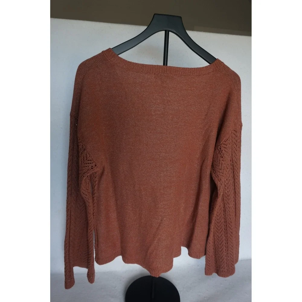 Frye and Co Womens Rust Orange Pointelle Knit V-Neck Tassel Sweater Large